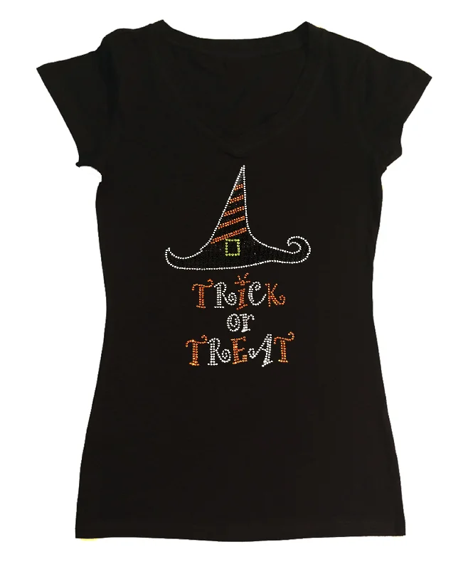 Womens T-shirt with Trick or Treat - Witch Hat Halloween in Rhinestones Notch Collar Peter Pan Collar Cowl Neck