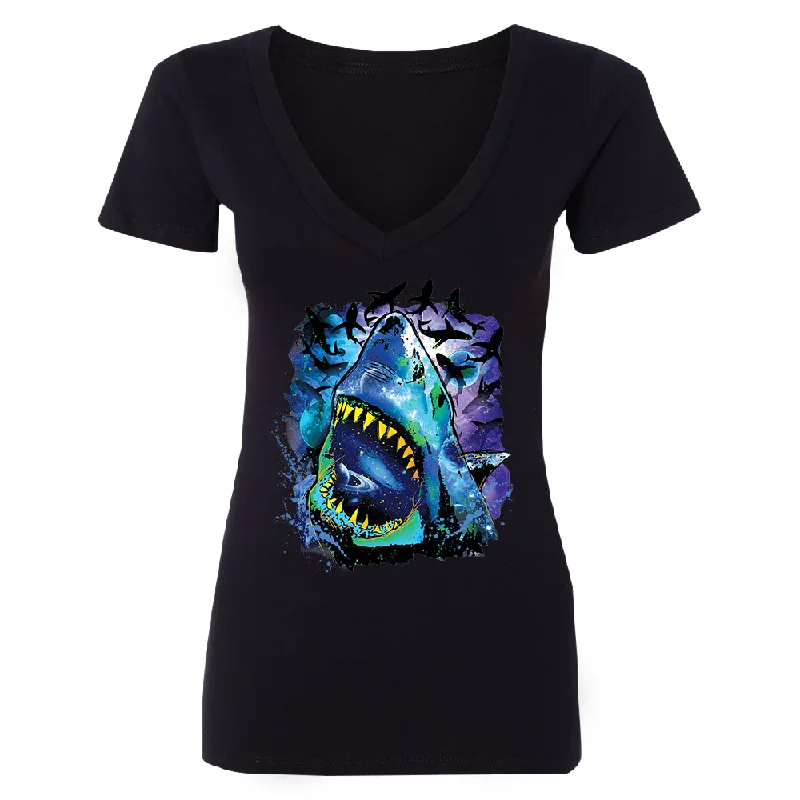 Zexpa Apparelâ„¢ Neon Black Light Cosmo Shark Women's Deep V-neck Ocean Nebula Sharks Tee Basic T-Shirt Crew Neck Short Sleeve