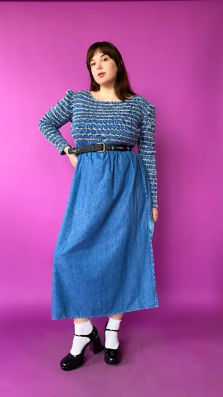 1990s Long Sleeve Smocked Denim Maxi Dress, sz. Extra Large Trendy Maxi Dress with Belt