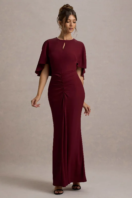 Allison | Berry High-Neck Maxi Dress With Cape Trendy Button Front Maxi Dress