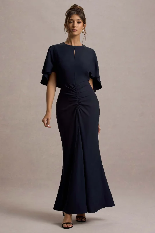 Allison | Navy High-Neck Maxi Dress With Cape Fashionable Chiffon Maxi Dress