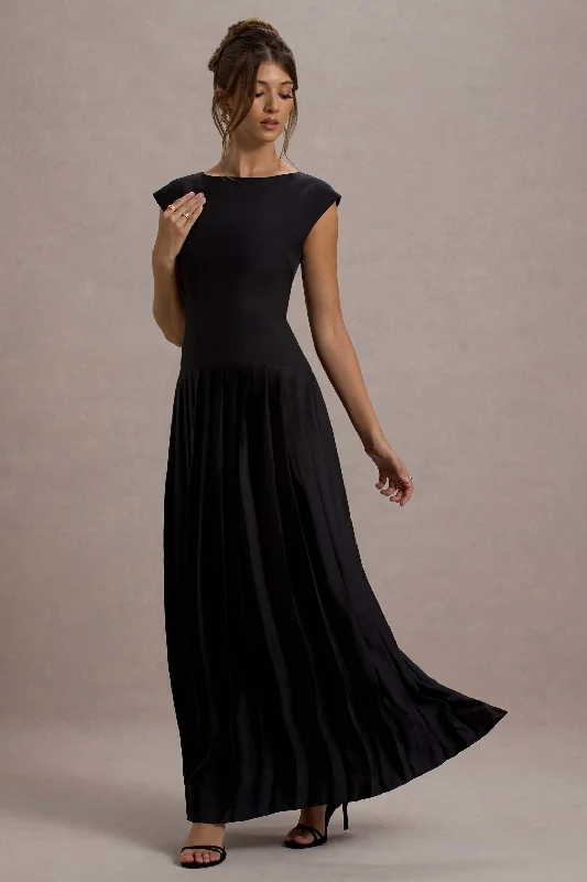 Arna | Black Boat-Neck Pleated Maxi Dress Elegant Wraparound Maxi Dress