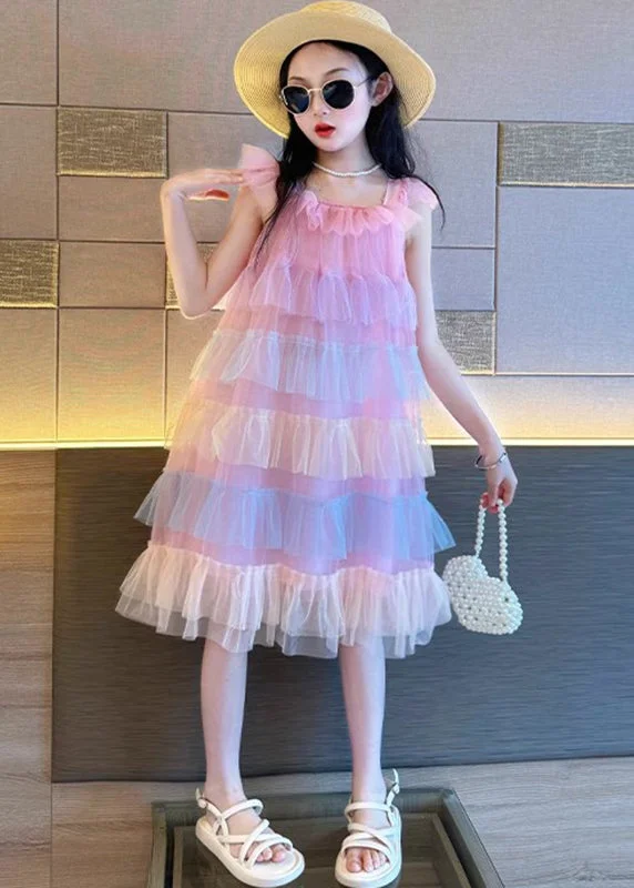 Beautiful Pink O-Neck Patchwork Tulle Kids Vacation Maxi Dresses Summer EW020 Fashionable Halter Neck Maxi Dress