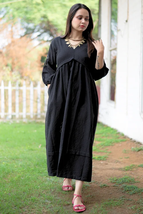 Bebaak Maya Hand Embroidered & Handwoven Black Maxi Dress Trendy A-Line Maxi Dress