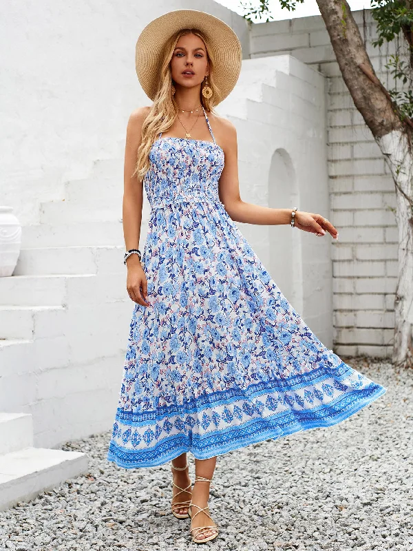 Blue Patterned Print Beach Maxi Dress Stylish Longline Maxi Dress