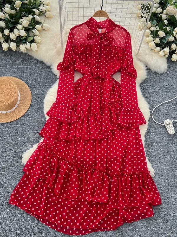 Bow-Tie Ruffled Red Polka Dot Layered Maxi Dress Elegant Wraparound Maxi Dress