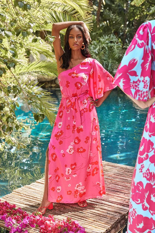 Cherry Blossom Meara One Shoulder Satin Maxi Dress Cozy Spaghetti Strap Maxi Dress