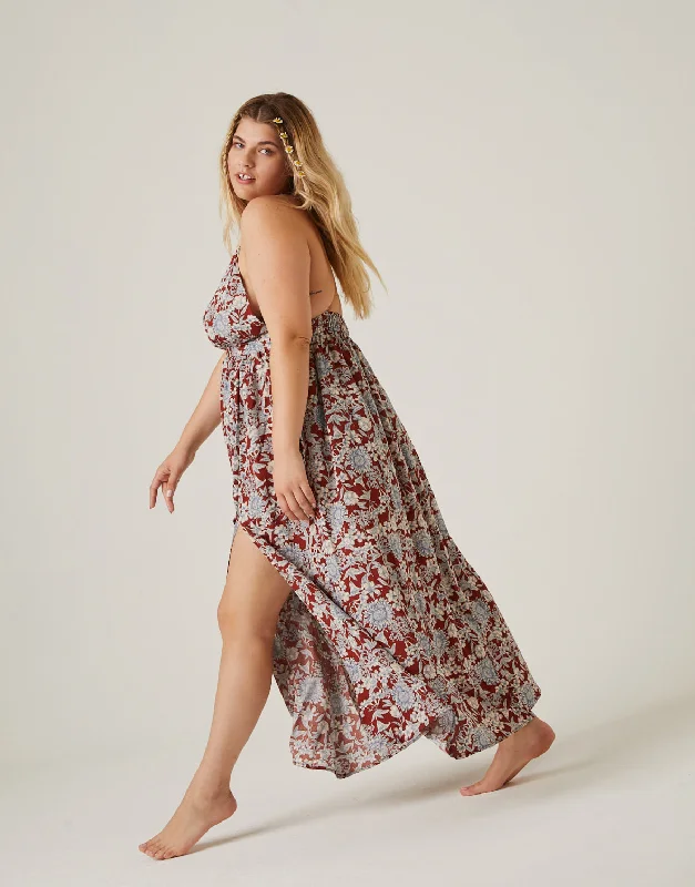 Plus Size Floral Double Slit Maxi Dress Stylish Maxi Dress with Frills