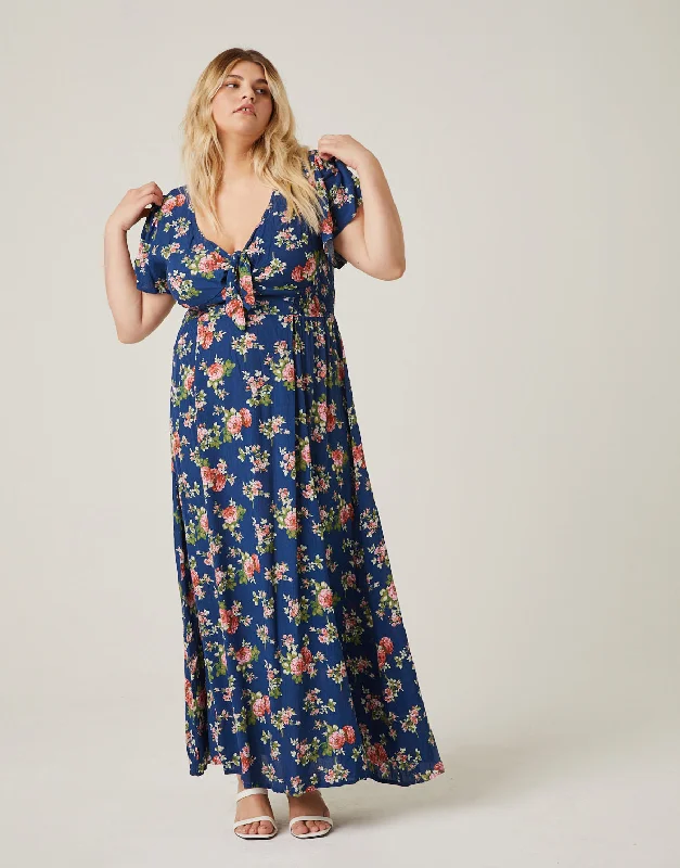 Plus Size Tie Front Floral Maxi Dress Elegant Pleated Maxi Dress