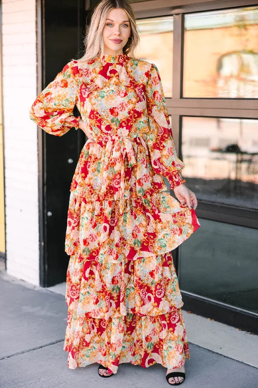 Dare To Dream Burgundy Red Floral Maxi Dress Comfortable Fitted Maxi Dress