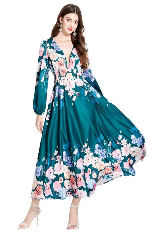 Deep V 50's Floral Chiffon Maxi Dress Stylish V-Neck Maxi Dress