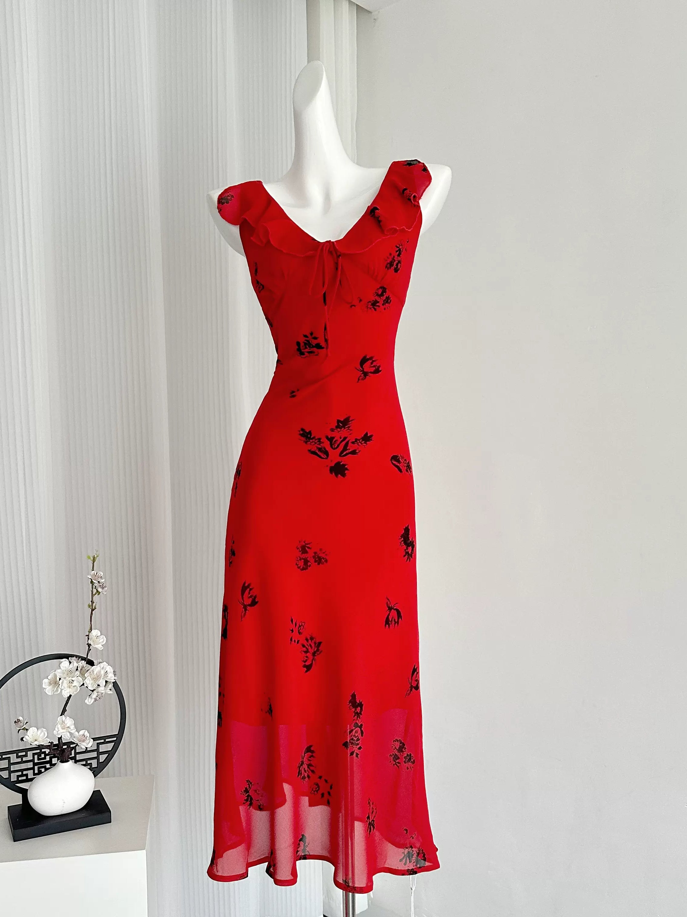 Delicate Floral Embellishments Flared Hem Red Maxi Dress Elegant Silk Maxi Dress