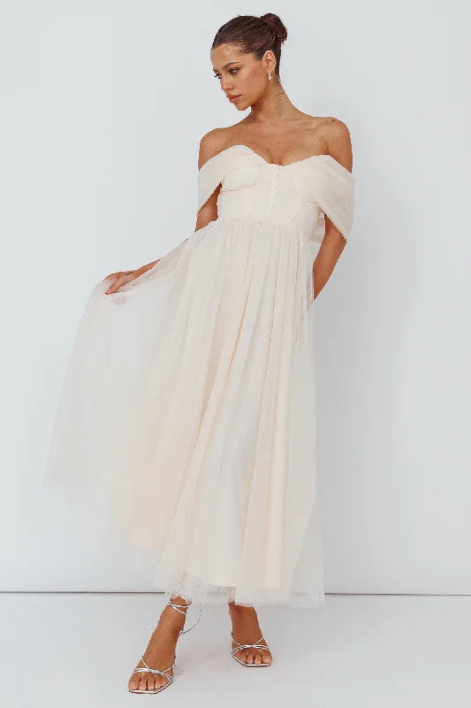 Dreamers & Lovers Off-Shoulder Maxi Dress Vanilla Fashionable Sheer Maxi Dress