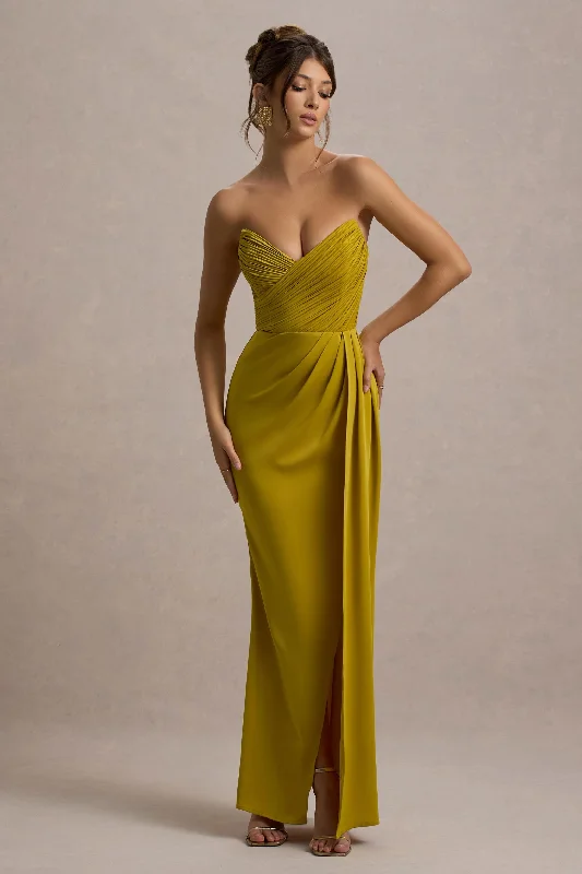 Edel | Mustard Satin Strapless Maxi Dress With Drape Fashionable Button-Down Maxi Dress