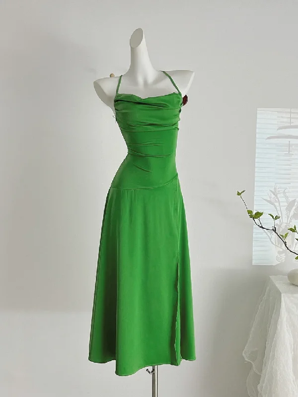 Elegant Green Ruched Bodice Halter Maxi Dress Elegant Boho Maxi Dress