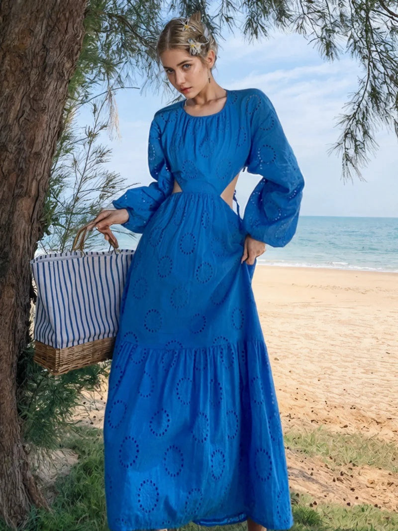 Eyelet Beach Blue Maxi Dress Comfortable Maxi Dress with Sleeves