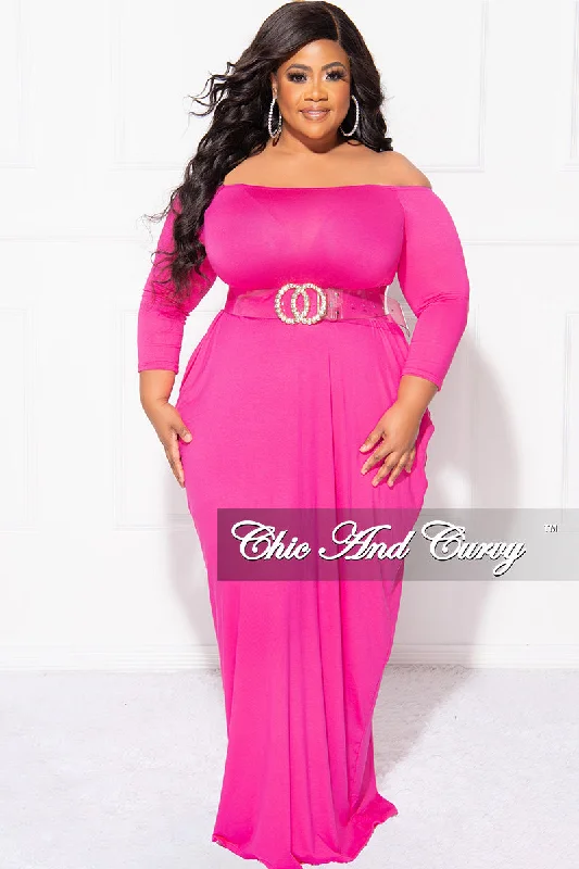 Final Sale Plus Size Off the Shoulder Maxi Dress in Fuchsia Stylish One-Shoulder Maxi Dress