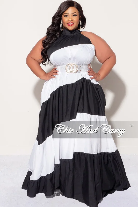 Final Sale Plus Size Halter Maxi Dress in Black & White Elegant Maxi Dress with Belt