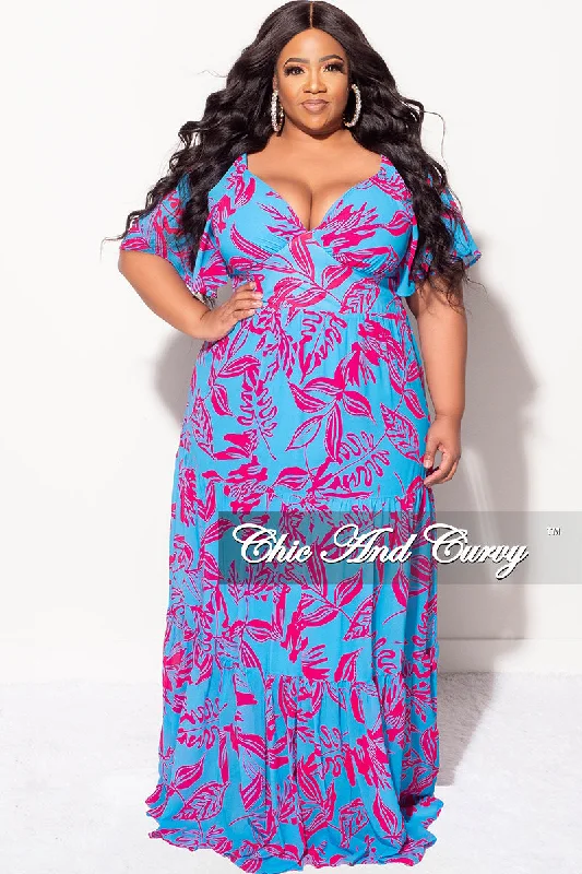 Final Sale Plus Size Deep V Chiffon Frill Tiered Maxi Dress In Blue and Fuchsia Design Print Elegant Maxi Dress with Slit