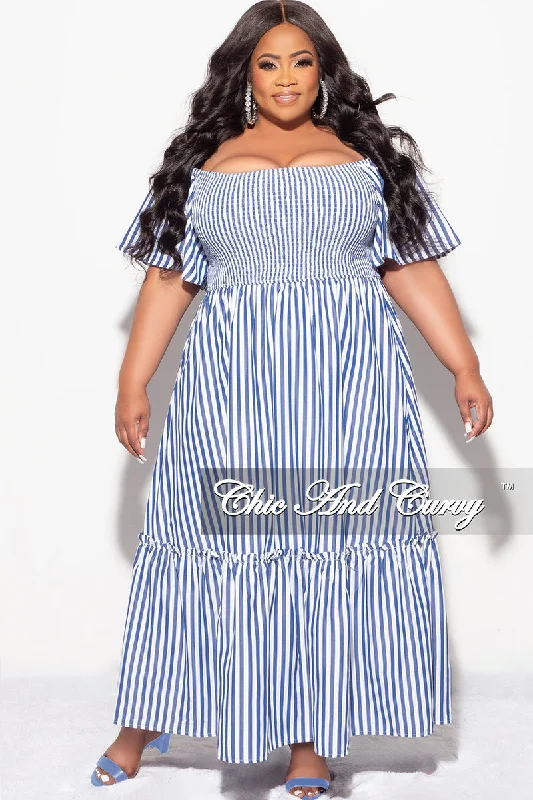 Final Sale Plus Size Off the Shoulder Frill Tiered Maxi Dress in Blue and White Stripe Print Fashionable Button-Down Maxi Dress