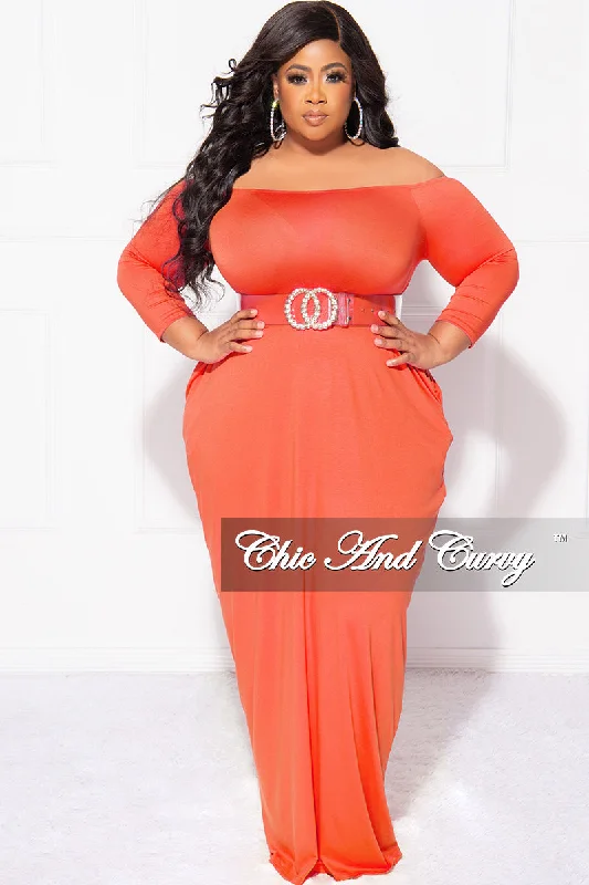 Final Sale Plus Size Off the Shoulder Maxi Dress in Orange Stylish Pleated A-Line Maxi Dress