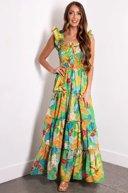 Flying Tomato Kelly Green Tropical Print Maxi Dress Elegant Tiered Maxi Dress