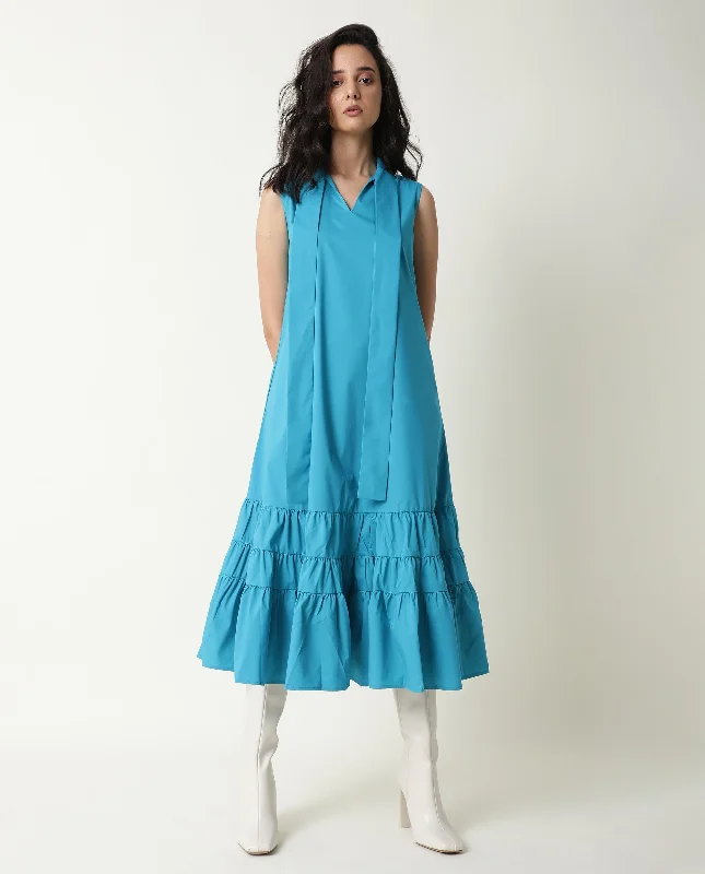 Rareism Women Gino Blue Tie Up Neck Sleeveless With Ruffled Hem And Pockets Maxi Dress Stylish Off-Shoulder Maxi Dress