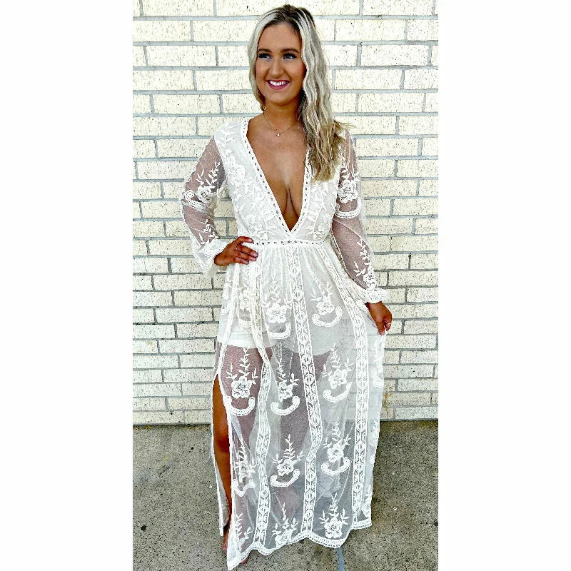 Hillari Ivory Lace Maxi Dress Fashionable High-Low Maxi Dress