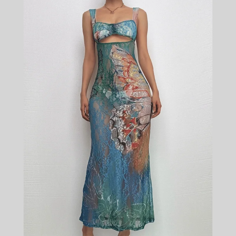 Hollow out butterfly pattern lace tie dye cut out maxi dress Trendy Off-Shoulder Ruffle Maxi Dress