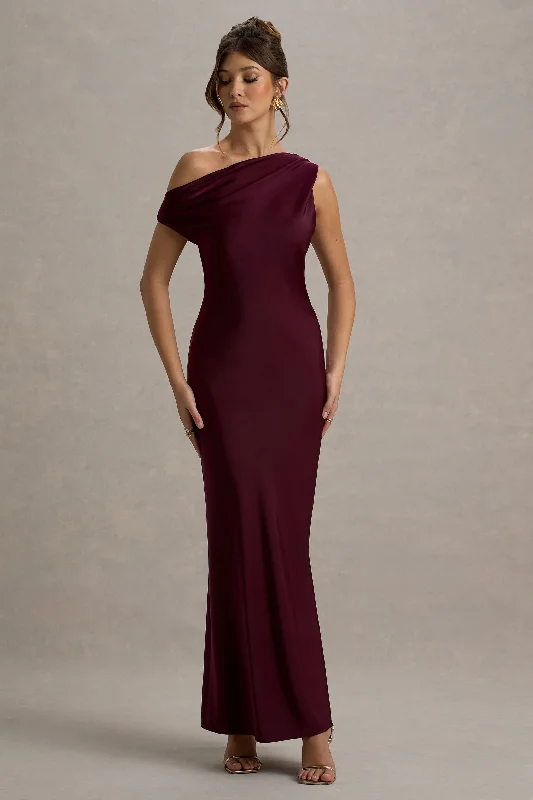 Isolde | Burgundy Satin One-Shoulder Maxi Dress Trendy Floral Print Maxi Dress