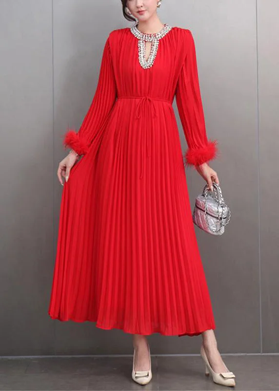 Italian Red O-Neck Wrinkled Patchwork Zircon Maxi Dresses Spring Chic Off-Shoulder Maxi Dress