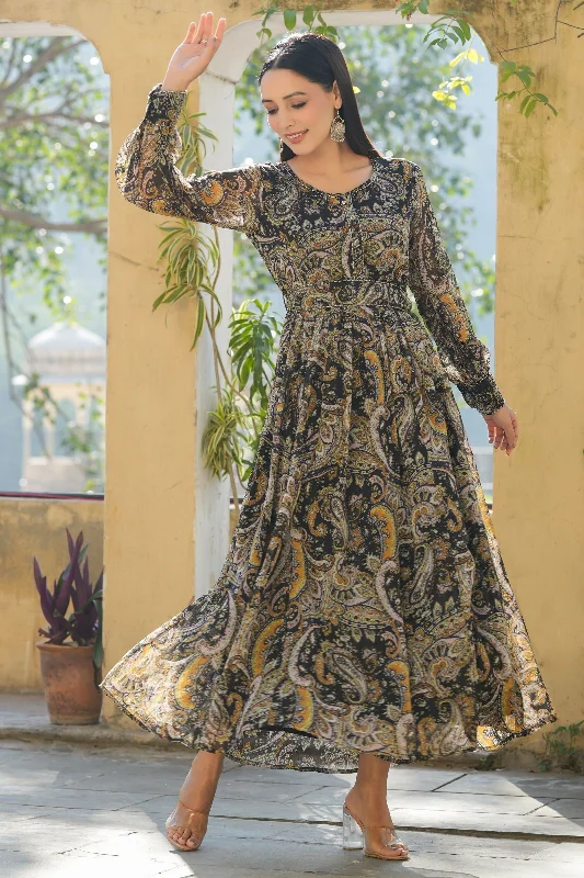 Jashvi Black Paisley Printed Chiffon Flared Maxi Dress With Buttons Elegant Maxi Dress with Drapes