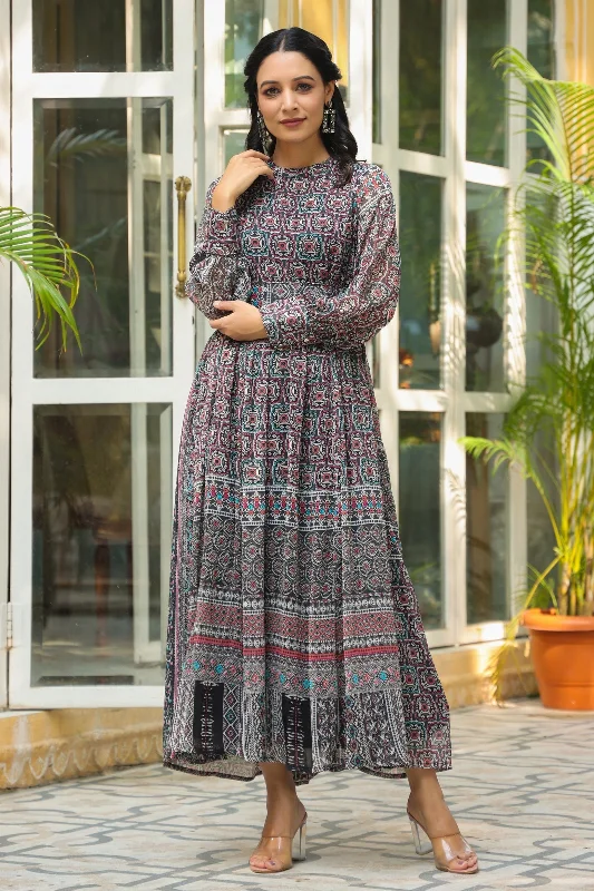 Jashvi Black Geometric Printed Chiffon Flared Maxi Dress With Buttons. Classic Tulle Maxi Dress