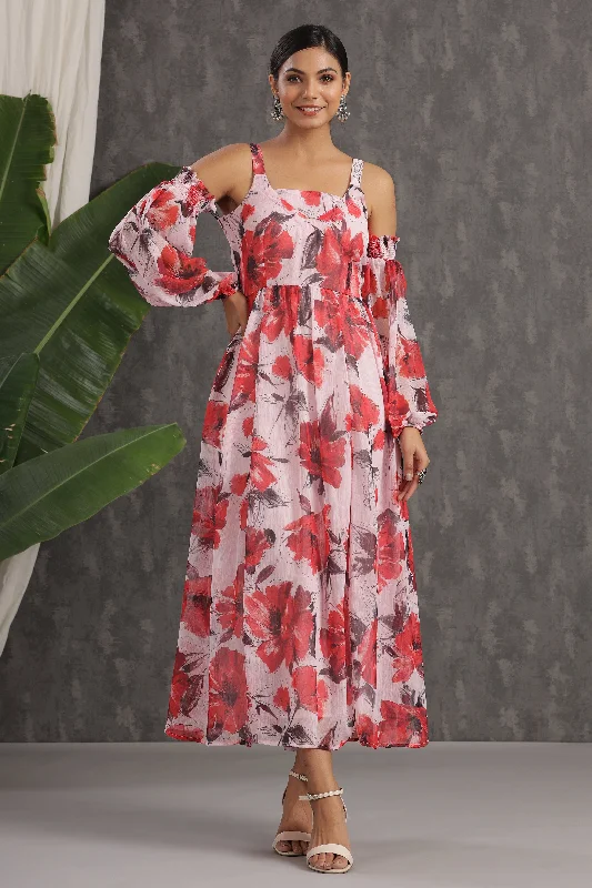 Jashvi Light Pink Floral Printed Chiffon Maxi Dress With Adjustable Straps & Cold Shoulder Comfortable Casual Maxi Dress