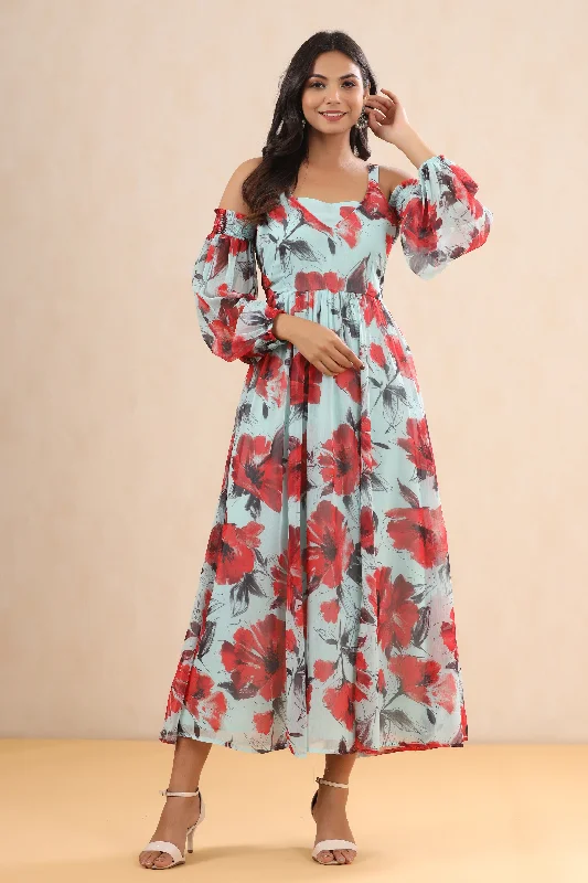 Jashvi Mint Floral Printed Chiffon Maxi Dress With Adjustable Straps & Cold Shoulder Comfortable Cotton Maxi Dress