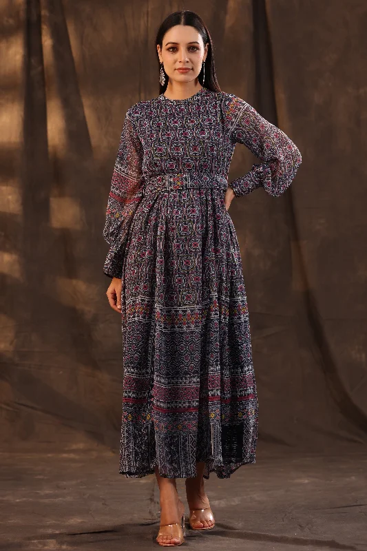 Jashvi Navy Blue Geometric Printed Chiffon Flared Maxi Dress With Buttons. Comfortable Fit-and-Flare Maxi Dress