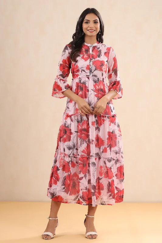 Jashvi Pink Floral Printed Chiffon Maxi Dress With Buttons & Beads Comfortable Satin Maxi Dress