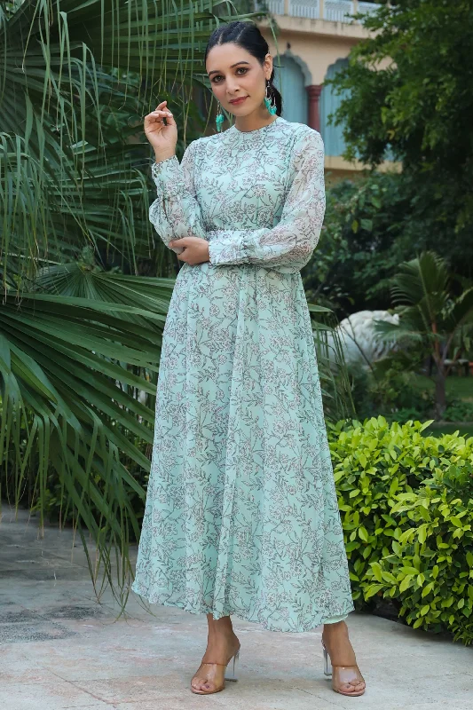 Jashvi Sage Green Floral Printed Chiffon Flared Maxi Dress With Buttons Elegant Maxi Dress with Belt