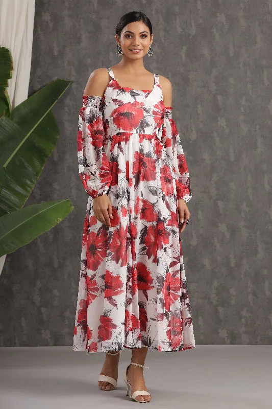 Jashvi White Floral Printed Chiffon Maxi Dress With Adjustable Straps & Cold Shoulder Comfortable Ruffle Maxi Dress