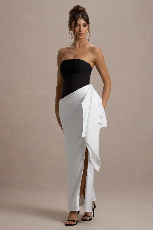 Kalinda | Black And White Strapless Maxi Dress With Draped Skirt Cozy Ribbed Maxi Dress