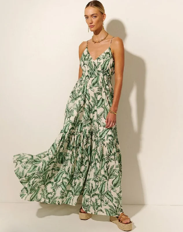 Kivari Tropico Maxi Dress Green Palm Fashionable Chiffon Tiered Maxi Dress