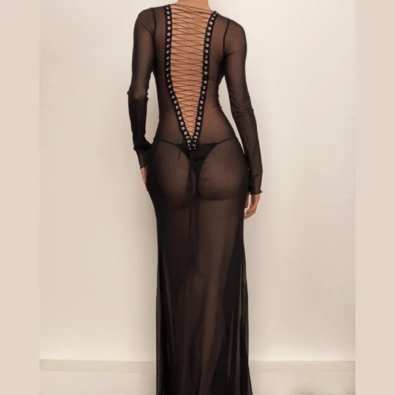 Long sleeve lace up sheer mesh see through maxi dress Stylish Off-Shoulder Maxi Dress