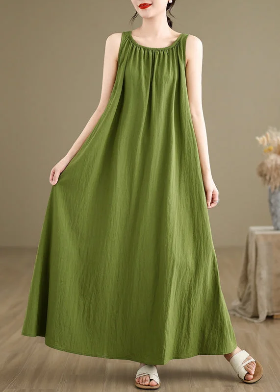 Loose Green Wrinkled Solid Cotton Maxi Dresses Sleeveless JH054 Fashionable Printed Maxi Dress