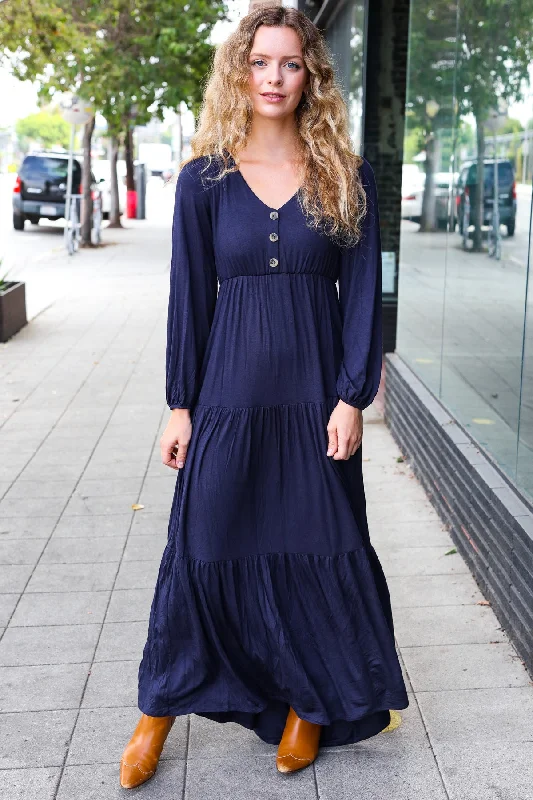 Navy Button Henley Maxi Dress Fashionable Sheer Maxi Dress