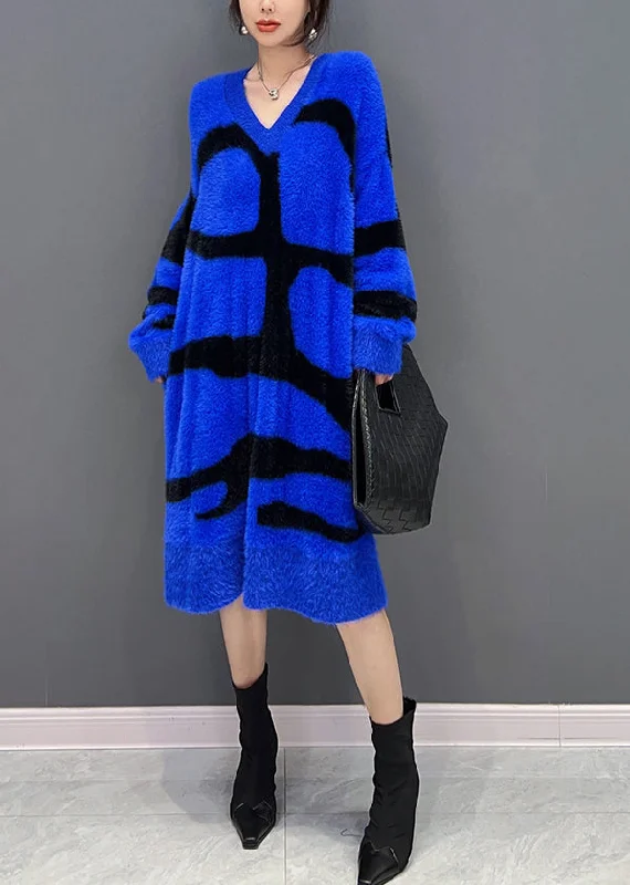 Novelty Blue V Neck Striped Mink Velvet Maxi Dress Fall Cozy Maxi Dress with Slit