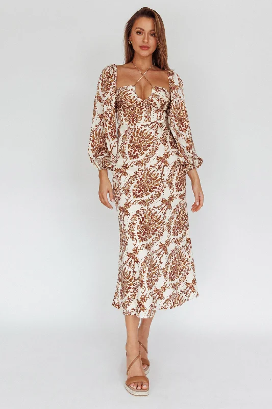 Nyree Long Sleeve Maxi Dress Floral Brown Chic Summer Floral Maxi Dress