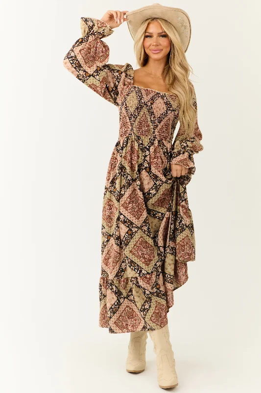 Oatmeal Patchwork Square Neck Maxi Dress Trendy Maxi Dress with Belt