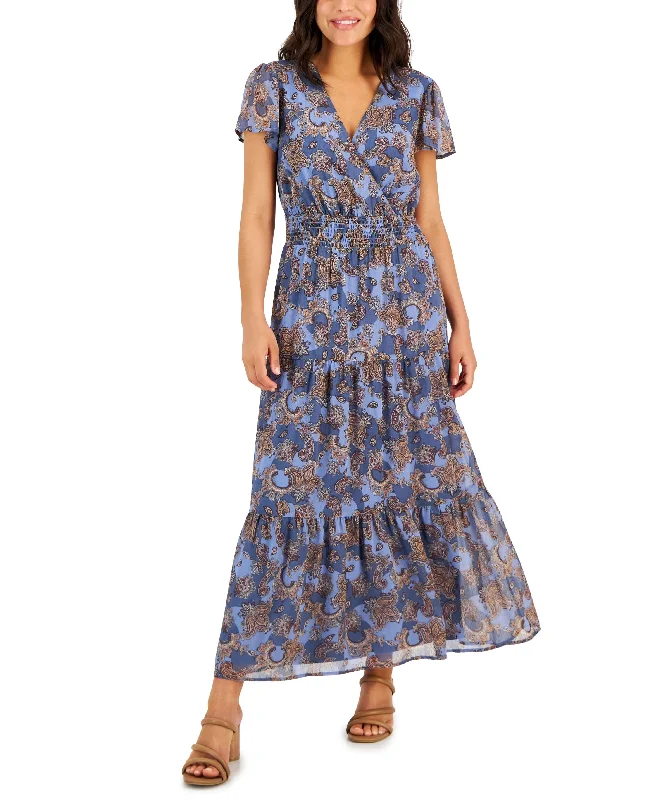 Petite Print Short-Sleeve Maxi Dress Elegant Tiered Maxi Dress