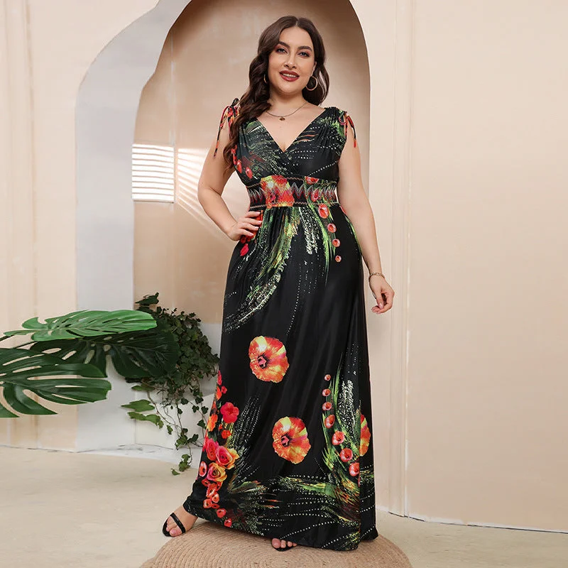 Plus Size Girls  Ice Silk Printed Dress Bohemian plus-Sized  V neck Maxi Dress Elegant Maxi Dress with Slit