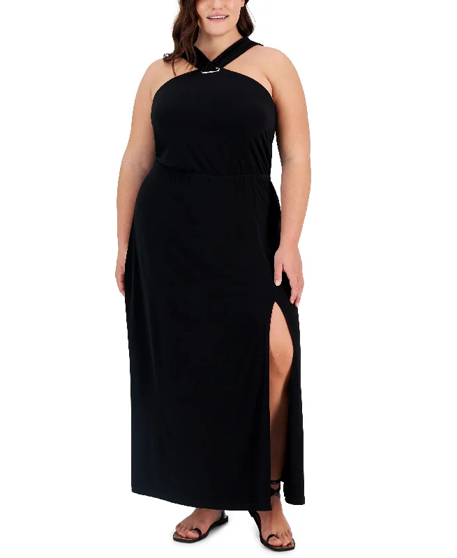 Plus Size Halter-Neck Side-Slit Maxi Dress Trendy Maxi Dress with Bow